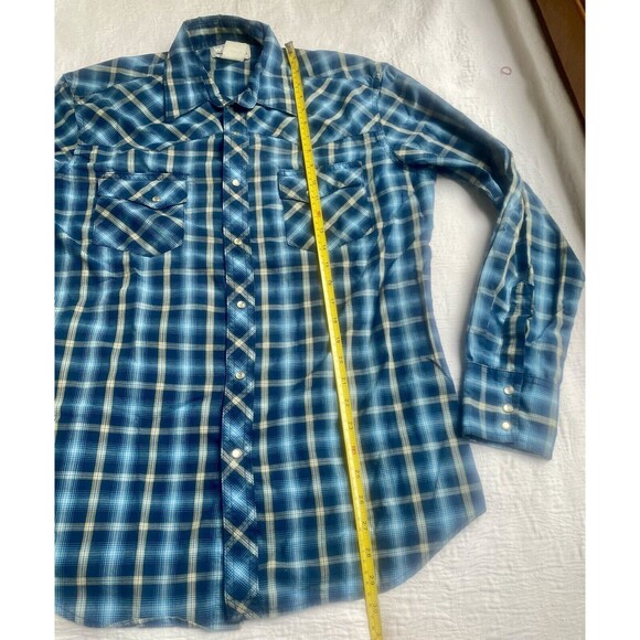 Wrangler Wrancher Mens Blue Plaid Long Sleeve Pearl Button Snap Shirt -Size Med - Picture 5 of 12